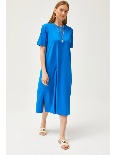 Olalook Women's Saks Blue Oversize Cotton Dress with Side Slits