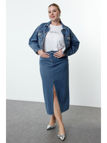 Trendyol Curve Blue Striped Slit Long Denim Plus Size Skirt