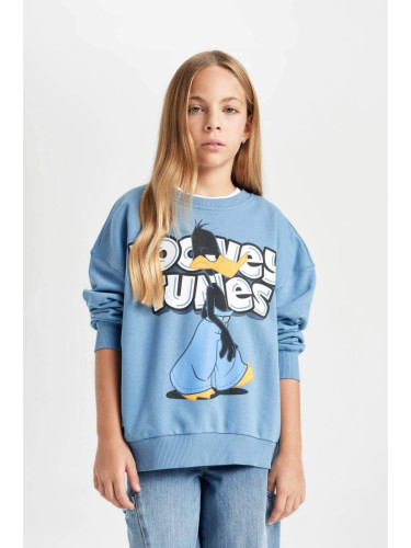 DEFACTO Girl Blue Looney Tunes Printed Oversize Fit Wide Pattern Crew Neck Sweatshirt