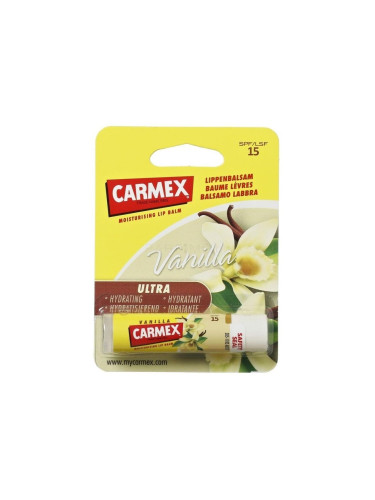 Carmex Ultra Moisturising Lip Balm SPF15 Vanilla Балсам за устни за жени 4,25 g увредена опаковка