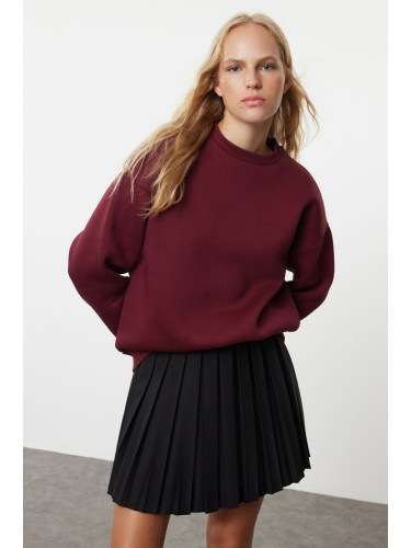 Trendyol Claret Red Oversize/Relaxed Cut Basic Crew Neck Thick/Polar Inside Knitted Sweatshirt