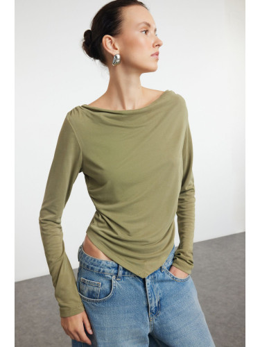 Trendyol Green Modal Fabric Lace Collar Draped Padded Asymmetrical Knitted Blouse