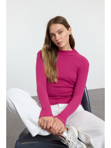 Trendyol Pink Fitted High Neck Long Sleeve Ribbed Stretchy Knitted Blouse