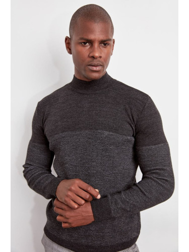 Trendyol Anthracite Slim Crew Neck Striped Knitwear Sweater