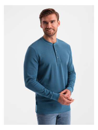 Ombre Men's waffle knit longsleeve fastened at the neck - blue denim