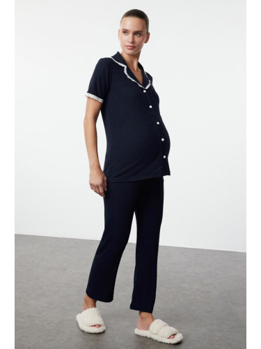 Trendyol Navy Blue Corduroy Shirt Collar Lace Knitted Maternity & Pregnant Pajamas Set