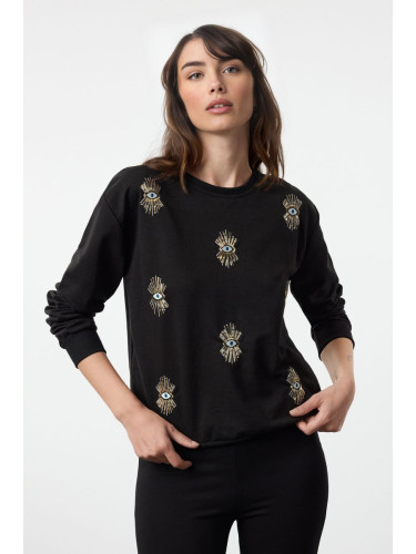 Trendyol Black Fine Eye Print Embroidered Relaxed/Comfortable Cut Knitted Sweatshirt