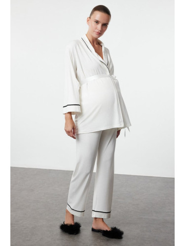 Trendyol White Piping and Belted Knitted Maternity & Postpartum Pajama Set