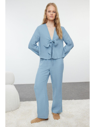 Trendyol Blue Solid Tie Detail Muslin Woven Pajama Set