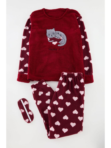 Trendyol Burgundy Heart Polar Fleece Knitted Pajama Set