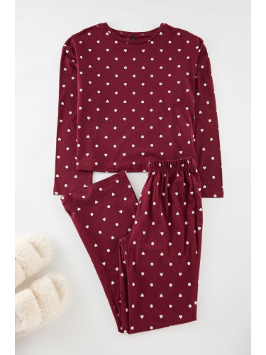 Trendyol Claret Red 100% Cotton Polka Dot and Heart Patterned Knitted Pajama Set