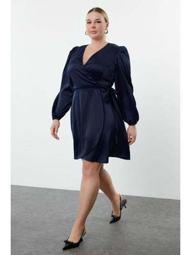 Trendyol Curve Navy Blue Satin Double Breasted Closure Long Balloon Sleeve Flounce Midi Dress