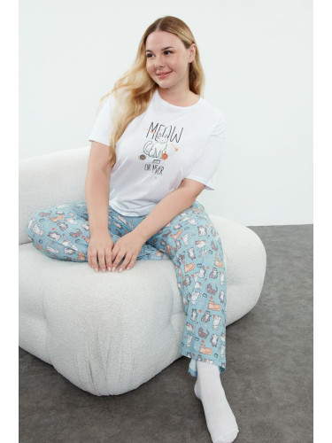 Trendyol Curve Blue Cat Patterned Knitted Pajama Set