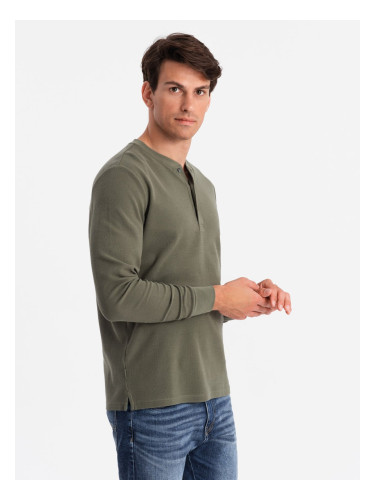 Ombre Button-up neck men's waffle knit longsleeve - olive