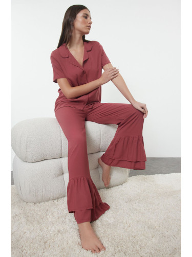 Trendyol Dark Dusty Rose Frilled Viscose Woven Pajama Set