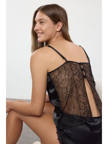 Trendyol Black Lace and Back Detailed Rope Strap Satin Woven Pajama Set