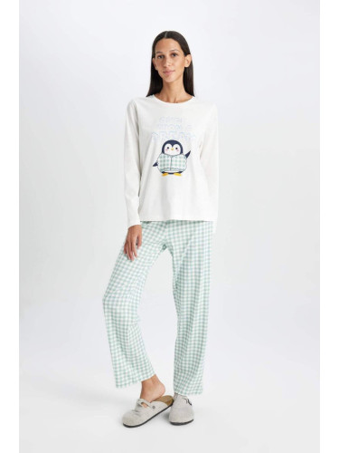 DEFACTO Collar Printed Long Sleeve Top Plaid Bottom Pajama Set