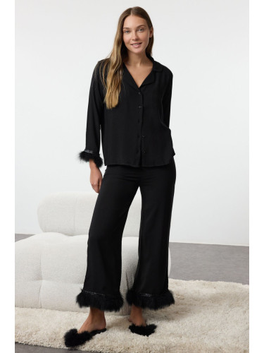 Trendyol Black Otrish Detailed Viscose Woven Pajama Set