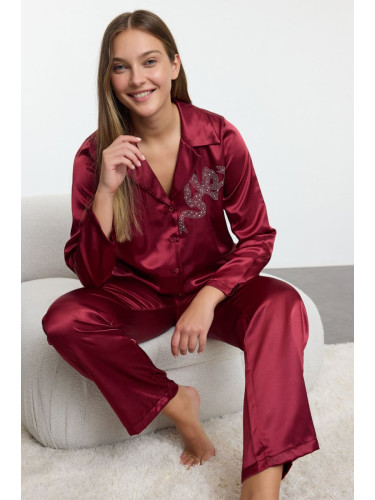 Trendyol Burgundy Stone Ribbon/Bow Accessory Detailed Satin Woven Pajama Set