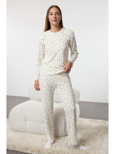 Trendyol Ecru Soft Touch Cotton Floral Ribbed Knitted Pajama Set