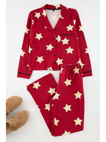 Trendyol Claret Red 100% Cotton Star Patterned Knitted Pajama Set