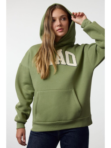 Trendyol Green Thick Fleece Slogan Printed Hooded Oversize/Wide Cut Knitted Sweatshirt