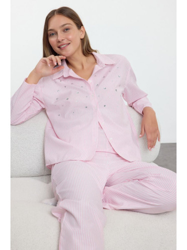 Trendyol Pink Striped Stone Accessory Detailed Woven Pajama Set