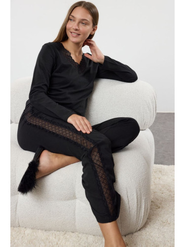 Trendyol Black 100% Cotton Lace Detailed Knitted Pajama Set