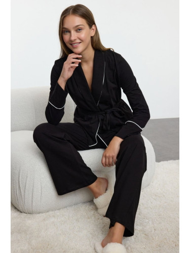 Trendyol Black Belted 100% Cotton Bias Knitted Pajama Set