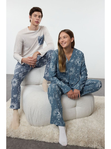 Trendyol Women's Couple Blue Galaxy Patterned Viscose Woven Pajama Set