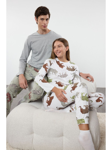 Trendyol Women's Couple White 100% Cotton Animal Patterned Knitted Pajama Set