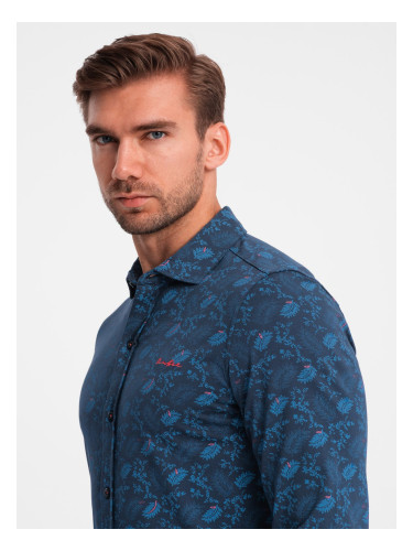 Ombre Men's cotton shirt with floral motif - navy blue