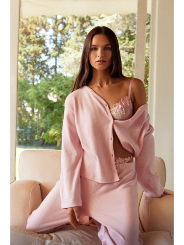 Trendyol Pink Brushed Soft Ribbed Cardigan Knitted Pajama Set