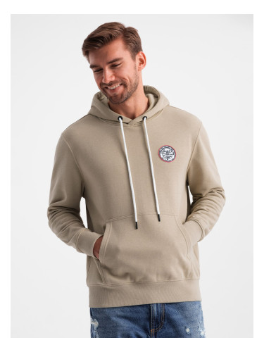 Ombre Men's kangaroo sweatshirt with hood and college style patch - sand