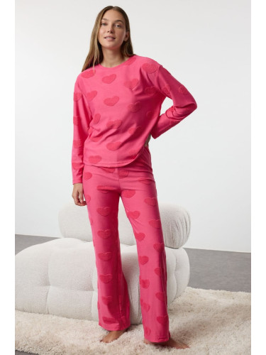 Trendyol Pink Heart Knitted Pajama Set