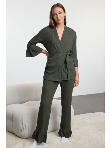 Trendyol Khaki Belted Ruffled Ribbed Knitted Pajama Set