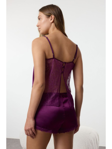 Trendyol Plum Lace and Back Detailed Rope Strap Satin Woven Pajama Set