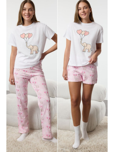 Trendyol White 3-Pack 100% Cotton Elephant and Heart Patterned Knitted Pajama Set