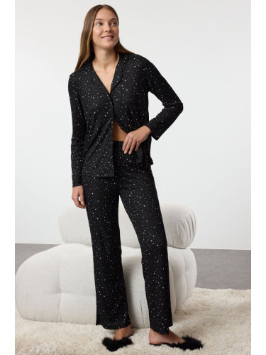 Trendyol Black Star Patterned Ribbed Knitted Pajama Set